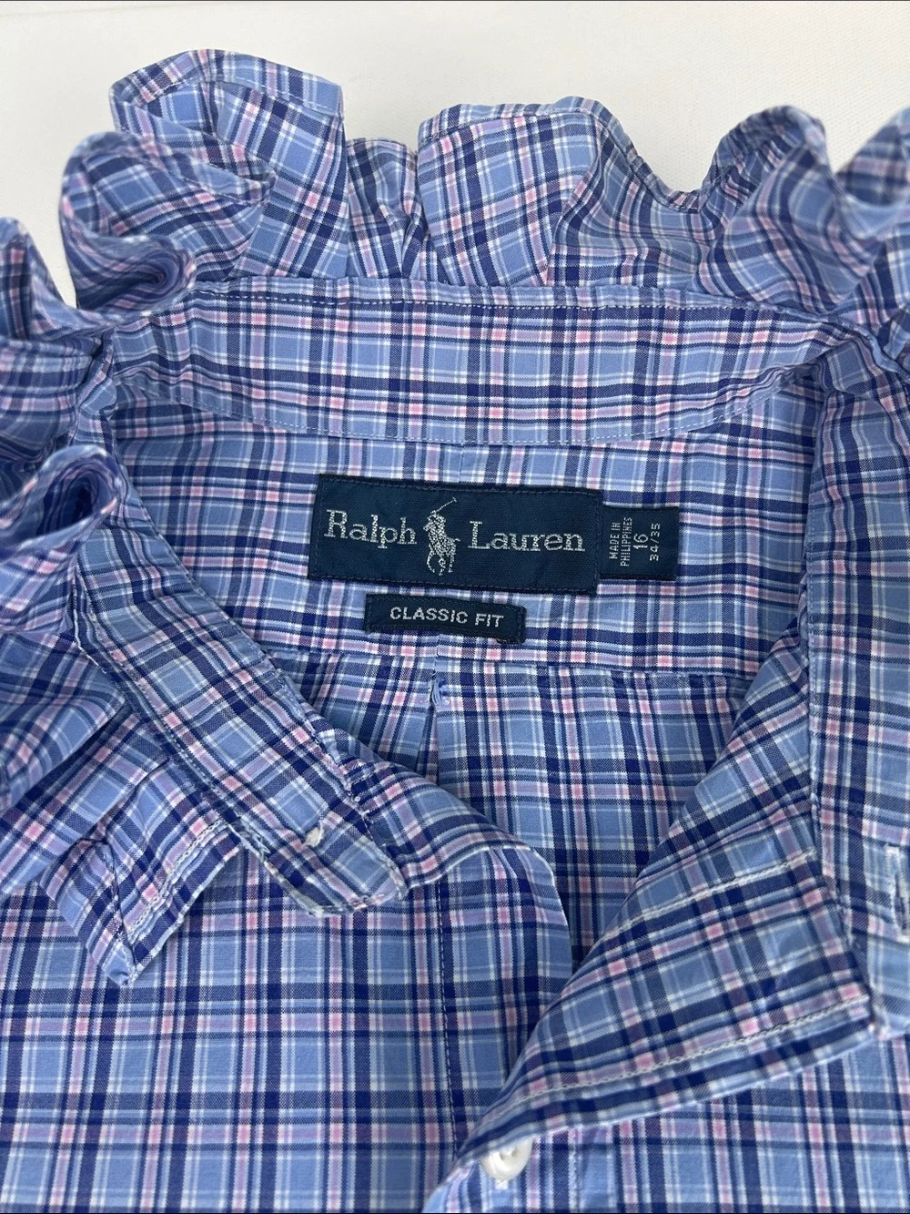 Upcycled Ralph Lauren Women’s Shirt Cropped Blue Pink Plaid with Ruffle Collar - Picture 2 of 12